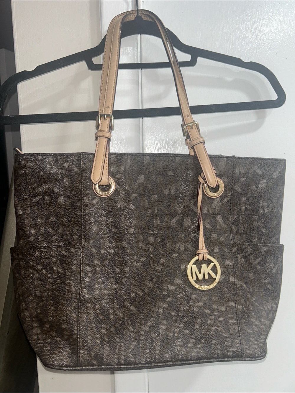 Michael Kors Large Jet Set MK Logo Brown Leather Tote Bag Purse